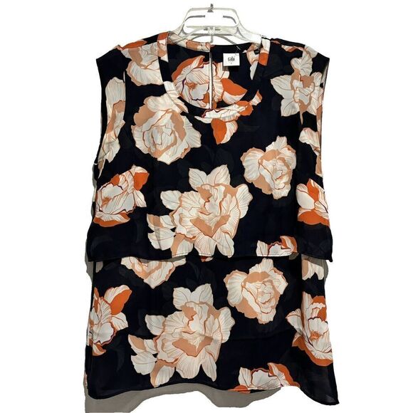 CAbi Blossom Floral Blouse Office navy & orange Sleeveless sz Small - Picture 1 of 7